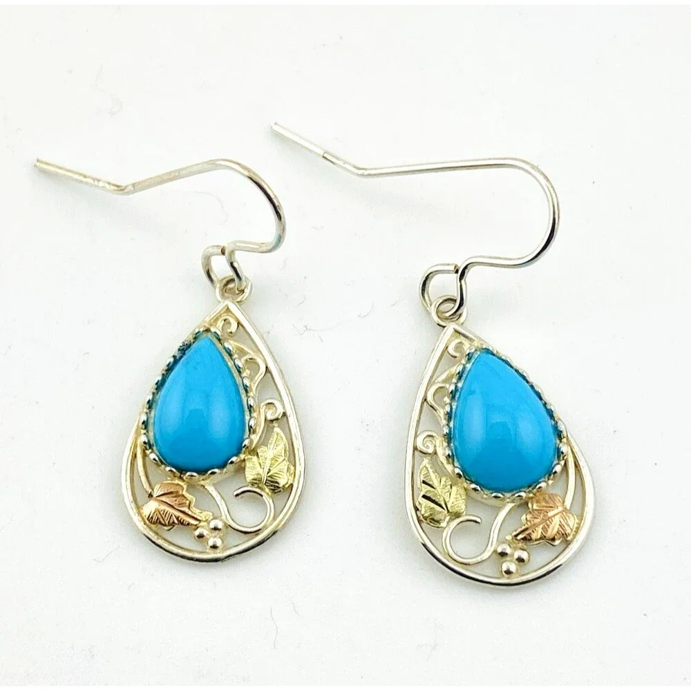 Vintage Coleman Black Hills Gold Turquoise Drop Earrings Sterling Silver and 12k
